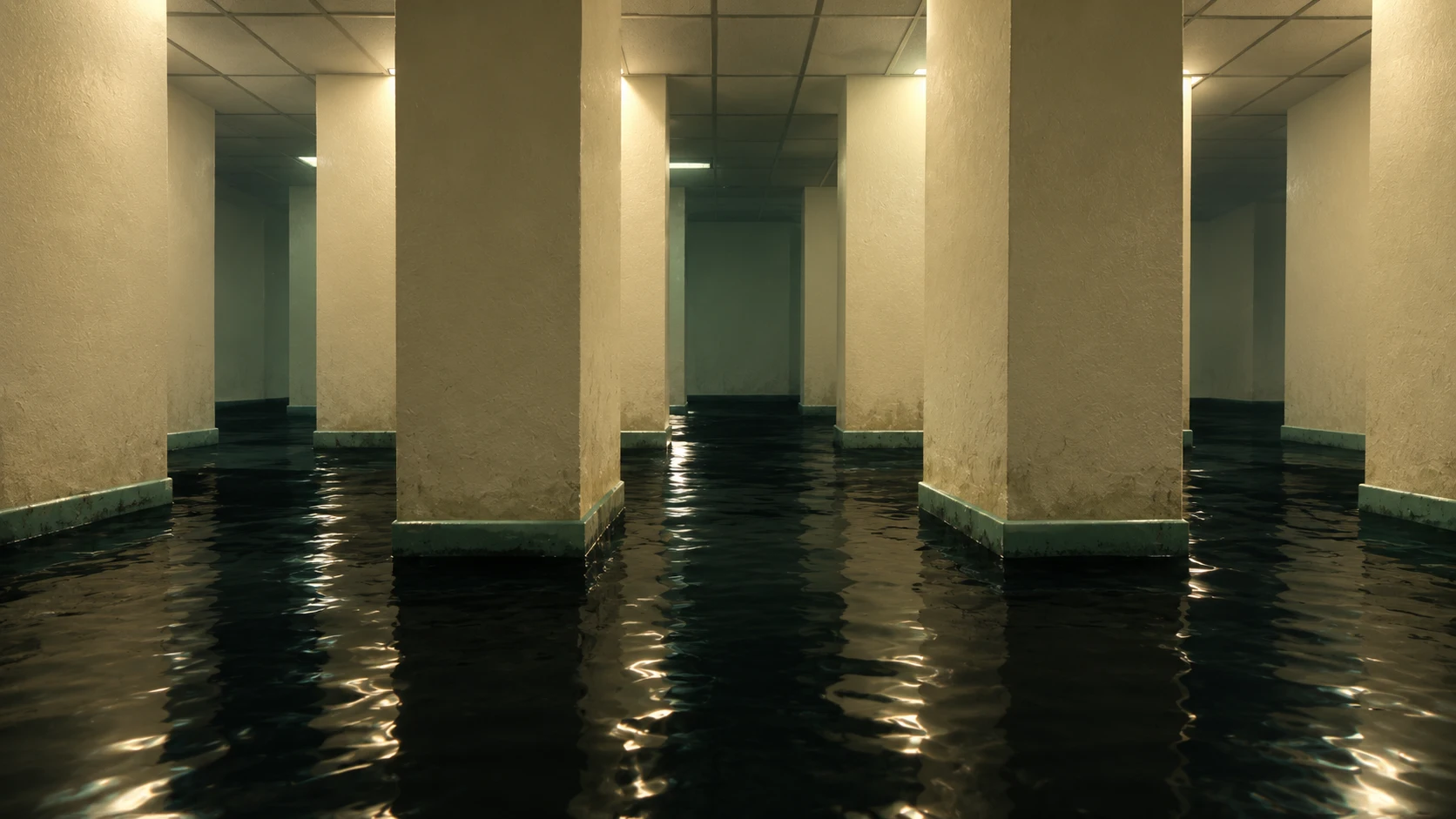 Cinematic render of the Annex's cream pillars and mint skirting reflected in dark floodwater.