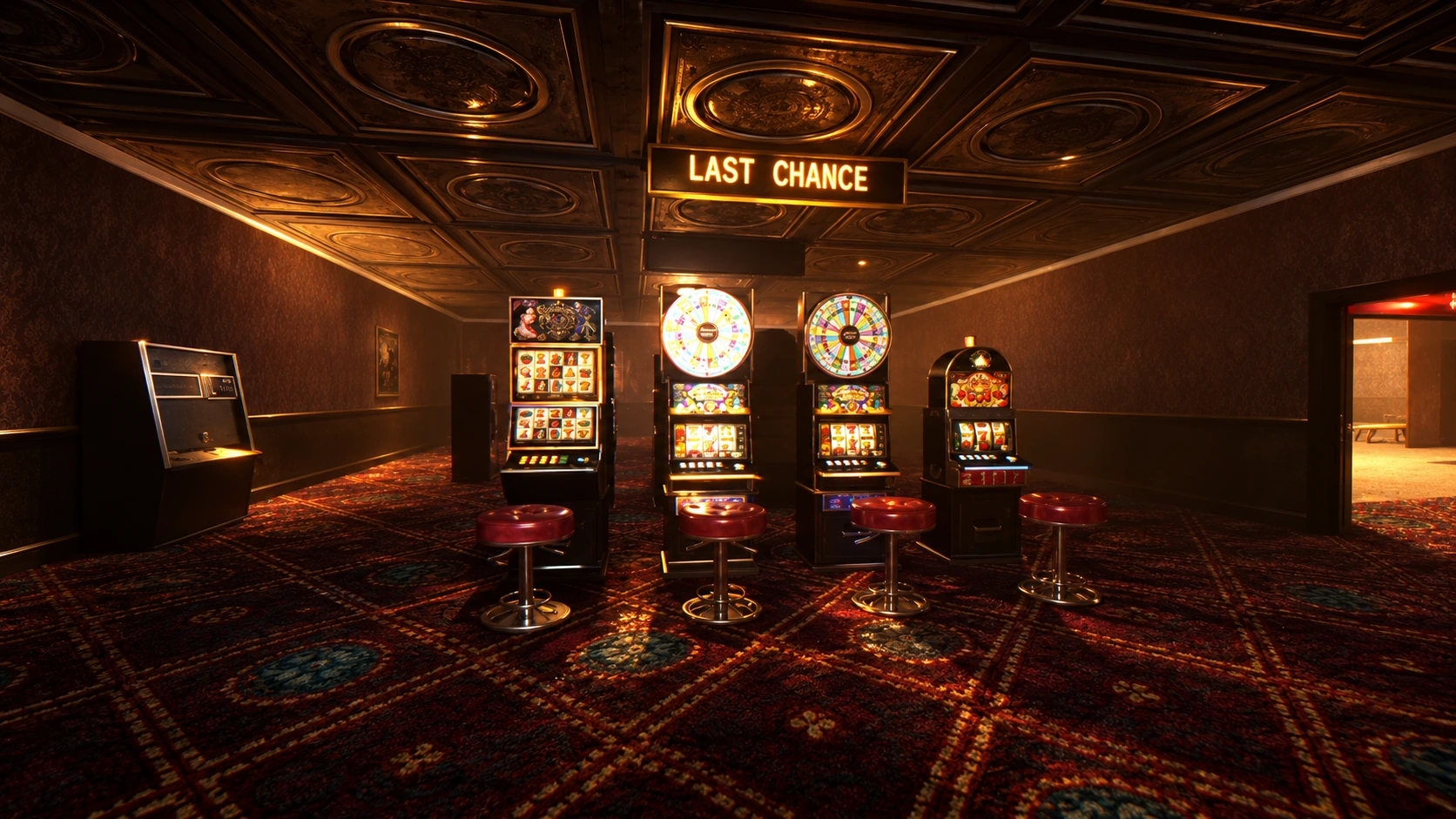 Cinematic artwork of the game's abandoned Casino, its slot machines still glowing beneath a Last Chance sign.