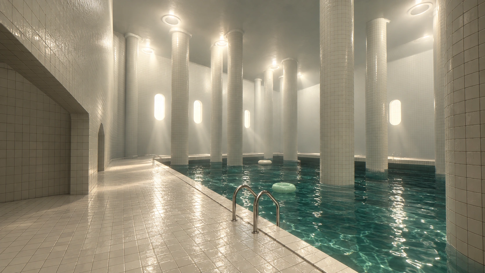 Light falls through the real Poolrooms' pill-shaped windows onto glossy tiles and jade water, in cinematic artwork.