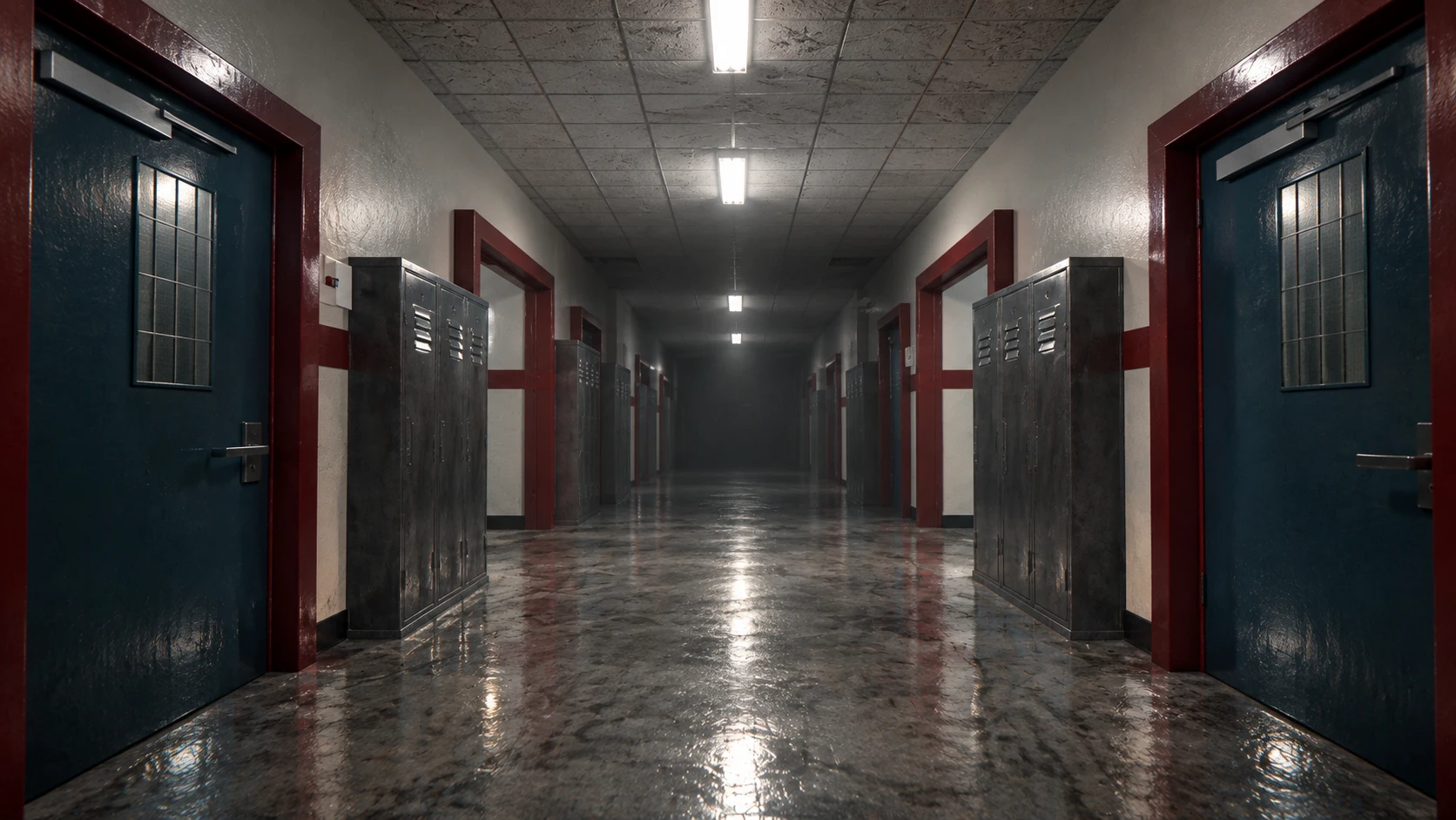 Cinematic render of the real School corridor, with teal classroom doors, burgundy trim and steel lockers.